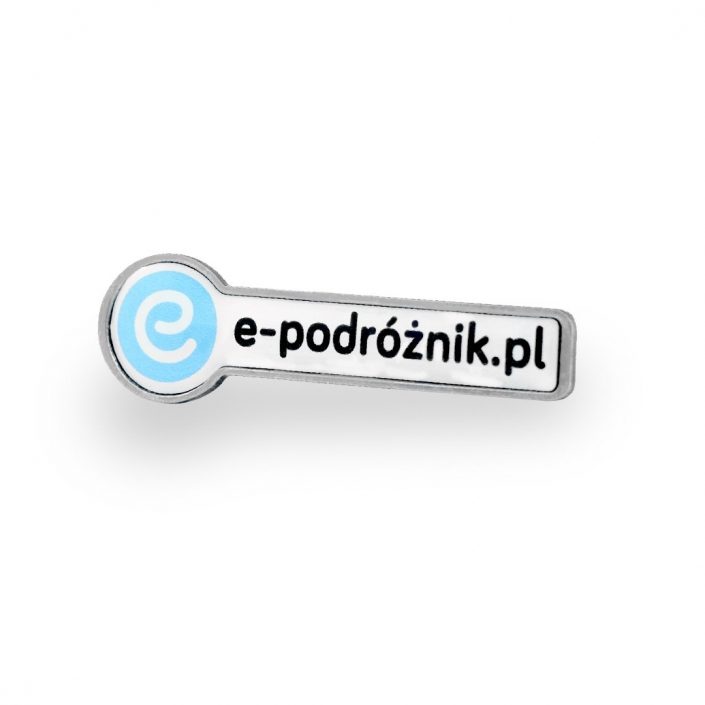 E-podróżnik — pins z wklejką z logiem firmowym