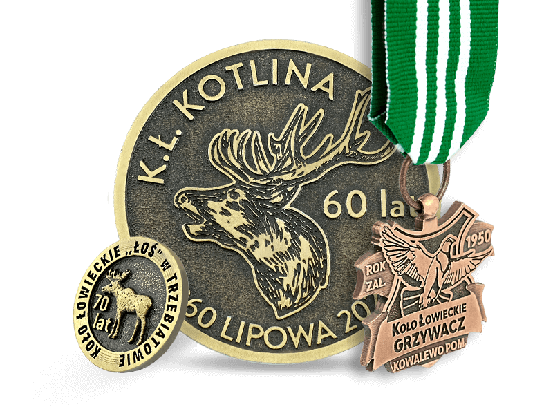 Kompozycja dwóch medali odlewanych, wyprodukowanych przez MCC Medale